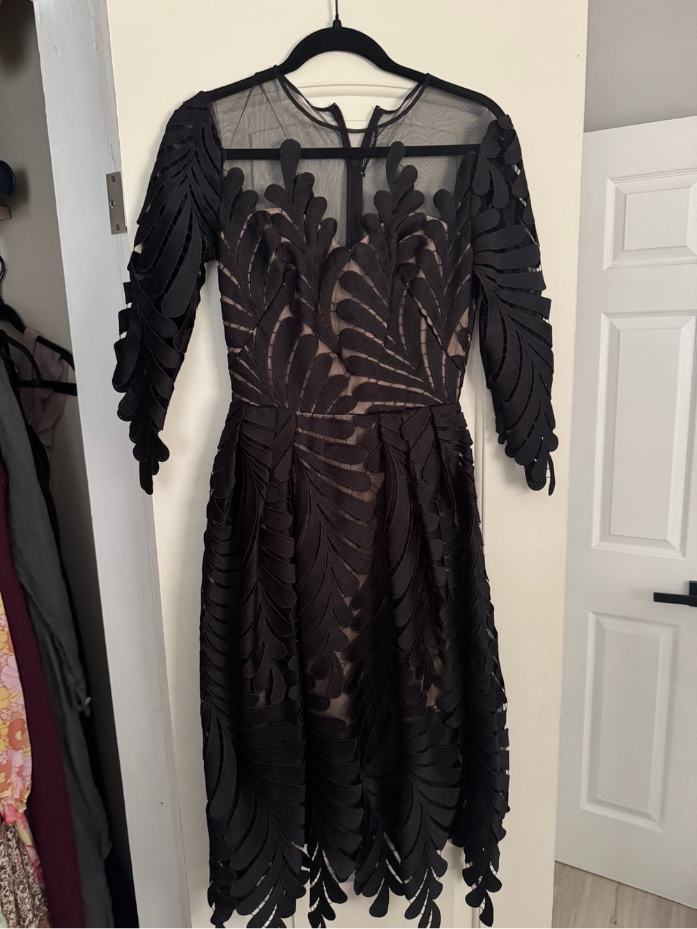 Anthropologie Black Scalloped Appliqué Midi Dress